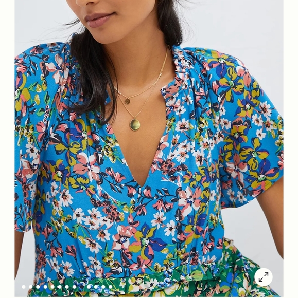 Anthropologie Robin Tiered red yellow floral mini sundress short sleeves Large - Picture 14 of 16